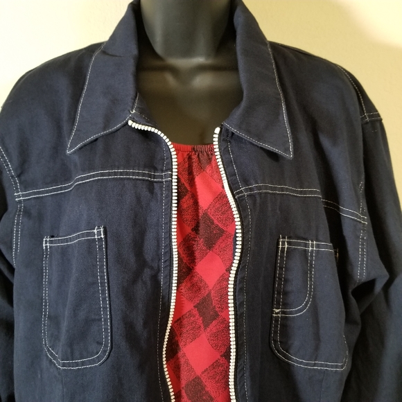 Vintage, On Que, Blue Cotton with White Stitching Zippered Jacket, large - Picture 1 of 10